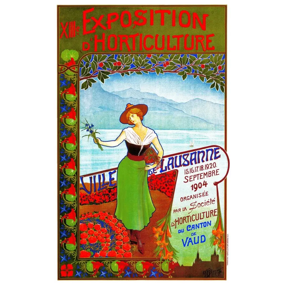 Affiche XIIIe Exposition Horticulture Lausanne 1904 O.T. Bornand femme bouquet fleurs Lac Léman Alpes Art Nouveau Canton Vaud Affiche XIIIe Exposition Horticulture Lausanne 1904 O.T. Bornand femme bouquet fleurs Lac Léman Alpes Art Nouveau Canton Vaud