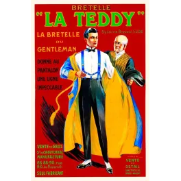 Pub Bretelle La Teddy Gentleman Paris homme élégant bretelles bleues nœud papillon fond rouge signé Jack caoutchouc breveté