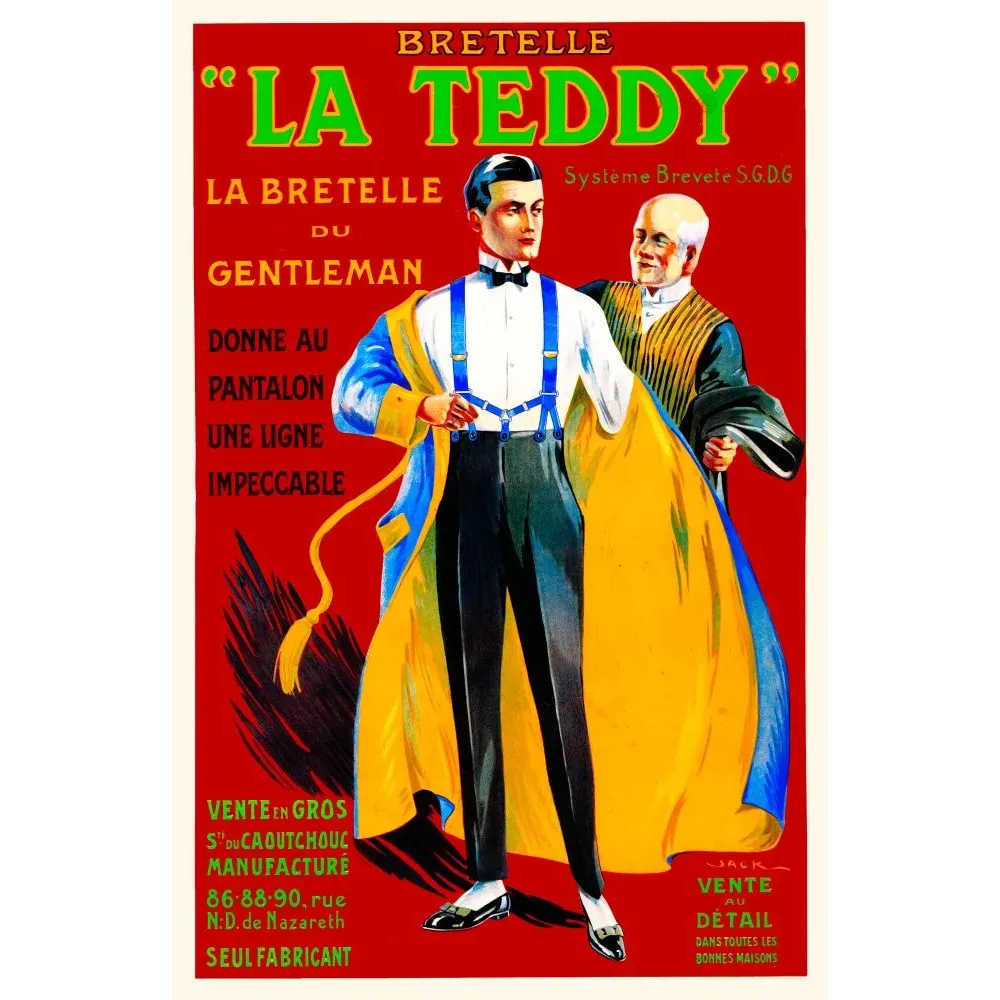 Pub Bretelle La Teddy Gentleman Paris homme élégant bretelles bleues nœud papillon fond rouge signé Jack caoutchouc breveté Pub Bretelle La Teddy Gentleman Paris homme élégant bretelles bleues nœud papillon fond rouge signé Jack caoutchouc breveté