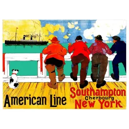 Affiche American Line Southampton Cherbourg New York H. Cassiers marins de dos rambarde paquebot eaux turquoise chien blanc