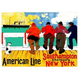 Affiche American Line Southampton Cherbourg New York H. Cassiers marins de dos rambarde paquebot eaux turquoise chien blanc