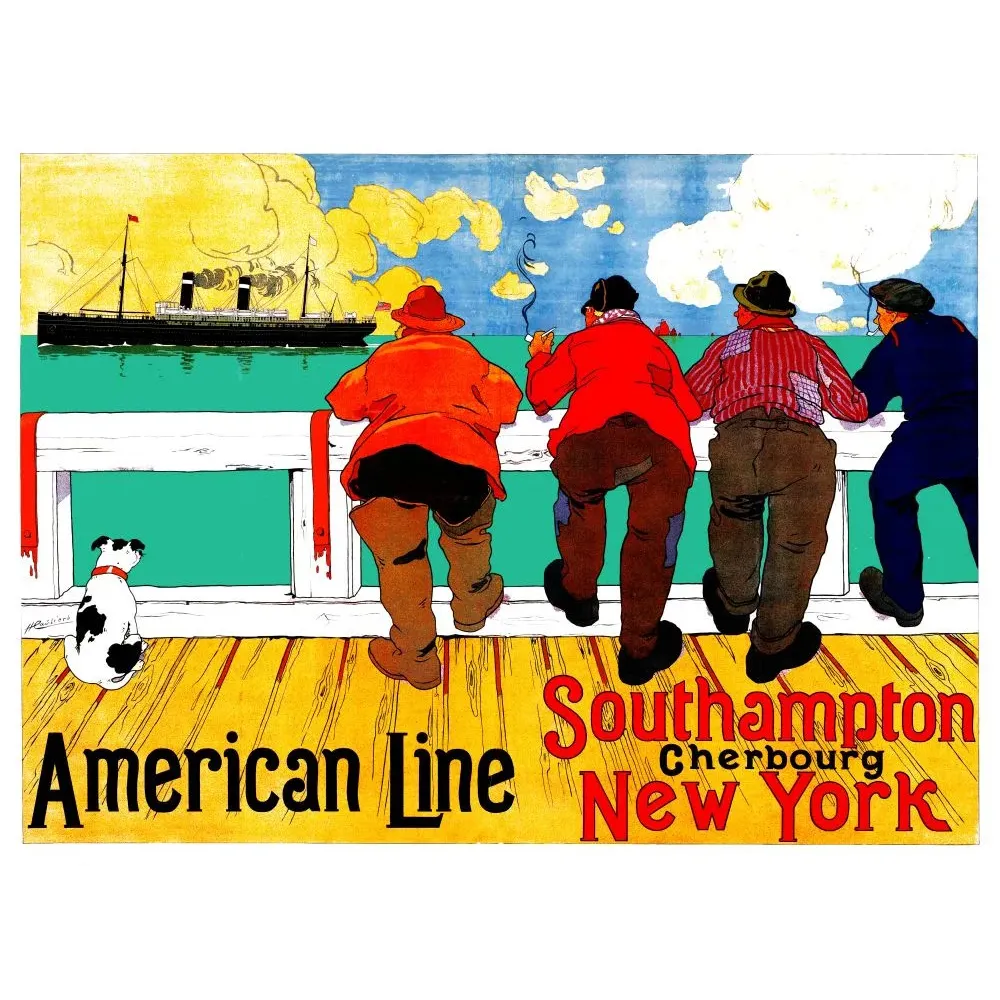 Affiche American Line Southampton Cherbourg New York H. Cassiers marins de dos rambarde paquebot eaux turquoise chien blanc Affiche American Line Southampton Cherbourg New York H. Cassiers marins de dos rambarde paquebot eaux turquoise chien blanc