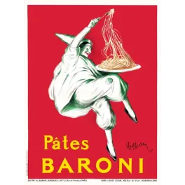 Affiche Pâtes Baroni 1921 arlequin costume blanc vert spaghettis fourchette fond rouge signé Leonetto Cappiello peintre français