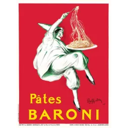 Affiche Pâtes Baroni 1921 arlequin costume blanc vert spaghettis fourchette fond rouge signé Leonetto Cappiello peintre français