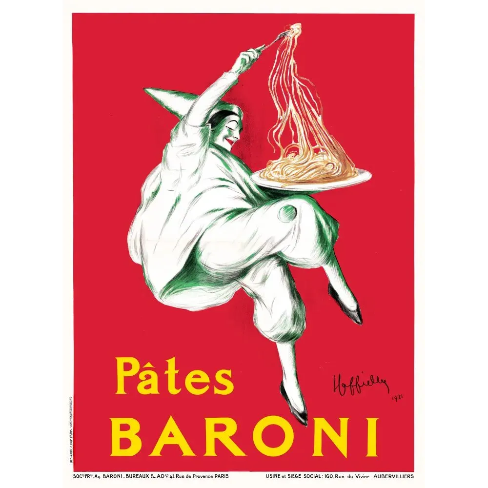 Affiche Pâtes Baroni 1921 arlequin costume blanc vert spaghettis fourchette fond rouge signé Leonetto Cappiello peintre français Affiche Pâtes Baroni 1921 arlequin costume blanc vert spaghettis fourchette fond rouge signé Leonetto Cappiello peintre français