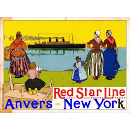 Affiche Red Star Line Anvers New York H. Cassiers femmes enfants costumes flamands coiffes blanches paquebot adieux