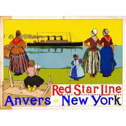 Affiche Red Star Line Anvers New York H. Cassiers femmes enfants costumes flamands coiffes blanches paquebot adieux