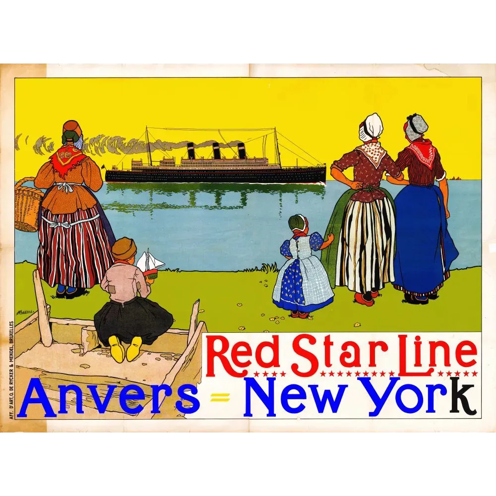 Affiche Red Star Line Anvers New York H. Cassiers femmes enfants costumes flamands coiffes blanches paquebot adieux Affiche Red Star Line Anvers New York H. Cassiers femmes enfants costumes flamands coiffes blanches paquebot adieux