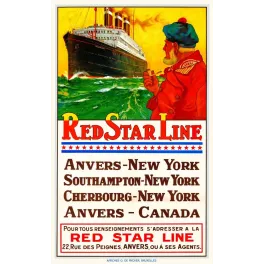 Affiche Red Star Line marin barbu pipe béret bleu paquebot Belgenland vagues Anvers New York De Rycker Bruxelles