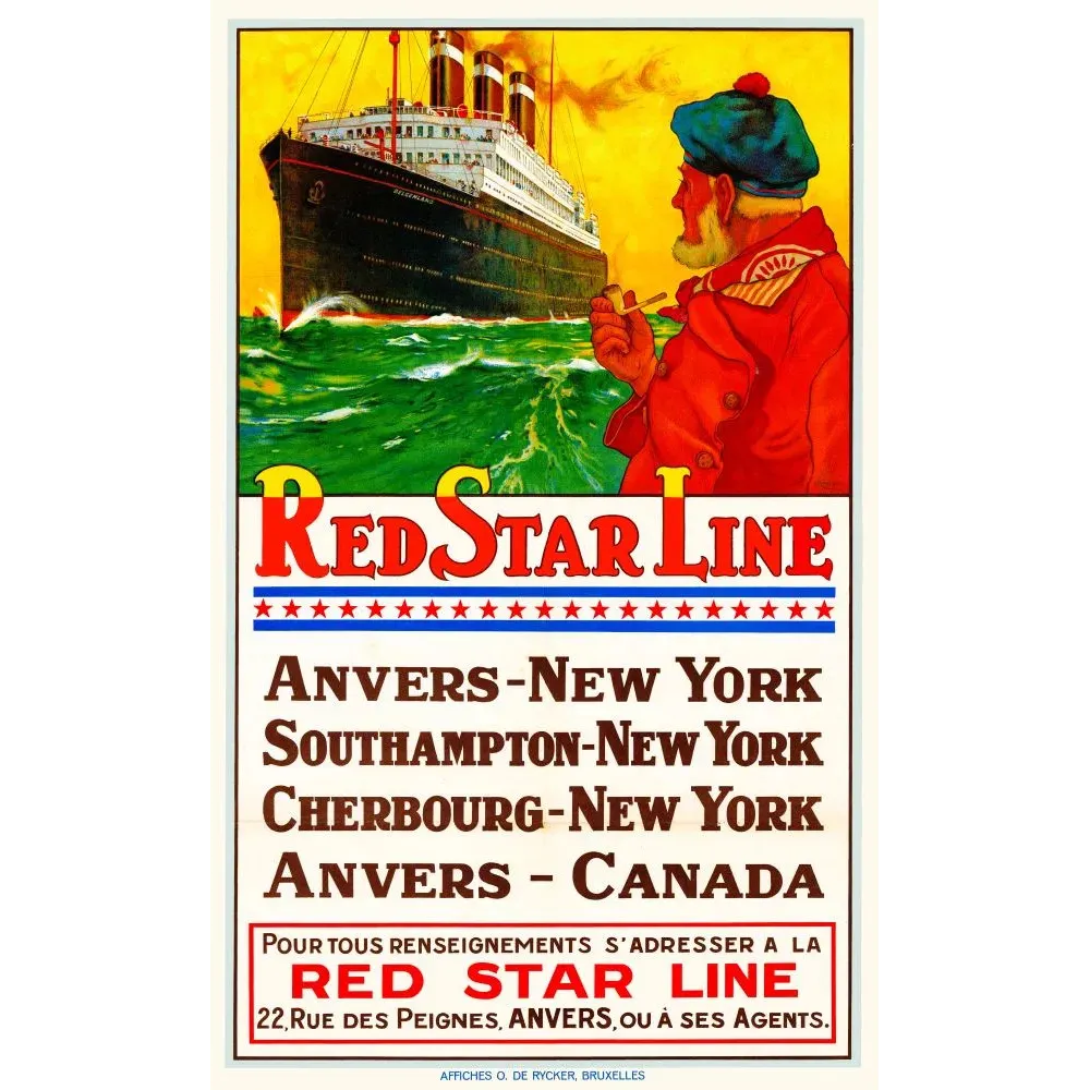 Affiche Red Star Line marin barbu pipe béret bleu paquebot Belgenland vagues Anvers New York De Rycker Bruxelles Affiche Red Star Line marin barbu pipe béret bleu paquebot Belgenland vagues Anvers New York De Rycker Bruxelles