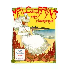 Affiche Malo-les-Bains près Dunkerque 1898 A. Herpin femme robe blanche ombrelle plage coraux crabes Art Nouveau L. Gissler