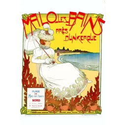 Affiche Malo-les-Bains près Dunkerque 1898 A. Herpin femme robe blanche ombrelle plage coraux crabes Art Nouveau L. Gissler