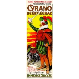 Affiche Cyrano de Bergerac Rostand Melot 1898 mousquetaire pourpoint vert épée plumes coucher soleil Verneau Paris