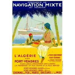 Affiche Algérie par Port-Vendres Compagnie Navigation Mixte Touache palmiers paquebot marchand fruits Devambez Paris