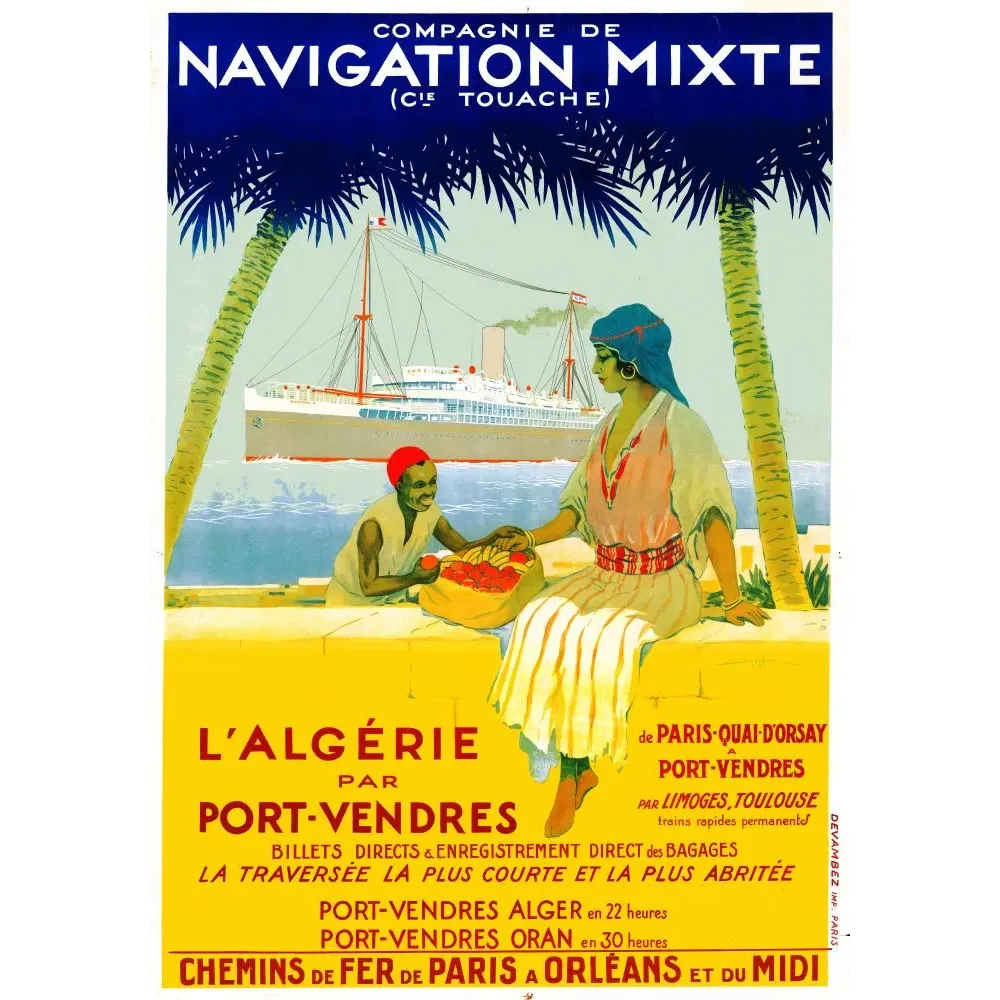 Affiche Algérie par Port-Vendres Compagnie Navigation Mixte Touache palmiers paquebot marchand fruits Devambez Paris Affiche Algérie par Port-Vendres Compagnie Navigation Mixte Touache palmiers paquebot marchand fruits Devambez Paris