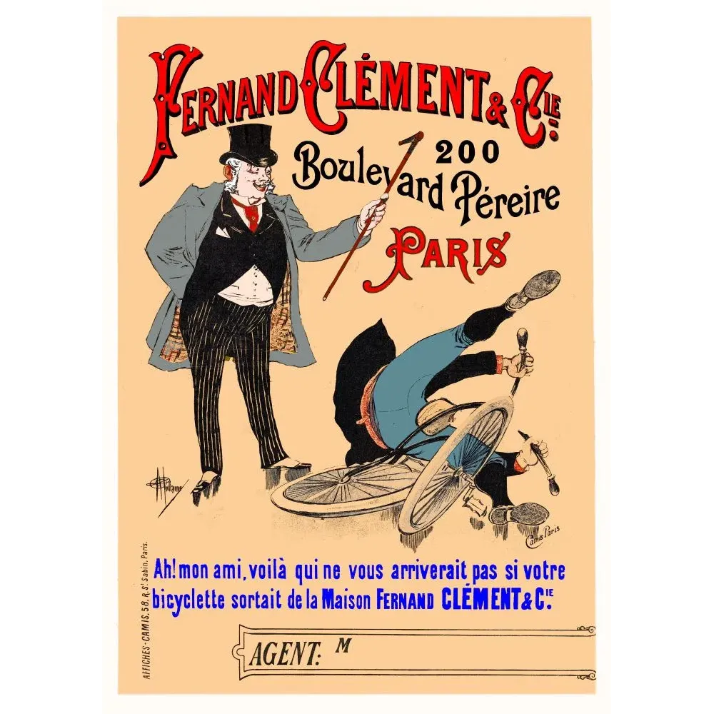 Pub Cycles Fernand Clément Boulevard Péreire Paris chute vélo humoristique bourgeois haut-de-forme Affiches-Camis Pub Cycles Fernand Clément Boulevard Péreire Paris chute vélo humoristique bourgeois haut-de-forme Affiches-Camis