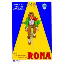 Pub Cycles Rona Levallois cycliste jovial chapeau melon foulard rouge fond bleu jaune slogan humoristique Publicité Wall