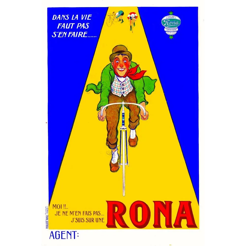 Pub Cycles Rona Levallois cycliste jovial chapeau melon foulard rouge fond bleu jaune slogan humoristique Publicité Wall Pub Cycles Rona Levallois cycliste jovial chapeau melon foulard rouge fond bleu jaune slogan humoristique Publicité Wall