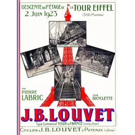 Affiche Descente Tour Eiffel à bicyclette 1923 Pierre Labric 356 marches Cycles J.B. Louvet Puteaux photos documentaires
