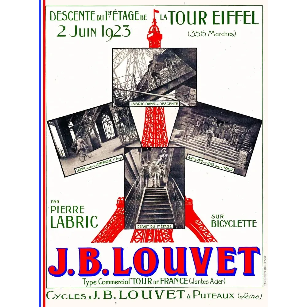 Affiche Descente Tour Eiffel à bicyclette 1923 Pierre Labric 356 marches Cycles J.B. Louvet Puteaux photos documentaires