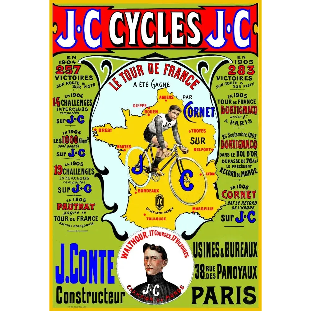 Pub Cycles J.C J. Conte Paris carte France Tour de France Cornet Walthour champion monde palmarès 1904-1906 coureur cycliste Pub Cycles J.C J. Conte Paris carte France Tour de France Cornet Walthour champion monde palmarès 1904-1906 coureur cycliste