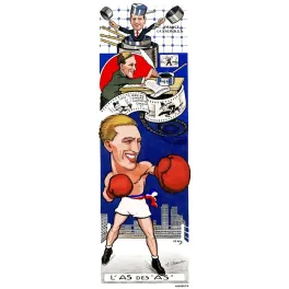 Caricature Georges Carpentier L'As des As boxeur acteur gants rouges tricolore ring gratte-ciels cinéma HAS Kossuth
