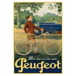 Pub Peugeot jeune homme vélo orange pull bordeaux automobile bleu nuit parc verdoyant slogan Moi aussi j'ai une Peugeot