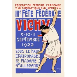 Affiche IIIe Fête Fédérale Gym Féminine Française Vichy 1922 gymnaste tunique blanche bras levé B. Pouzadoux Imp. Wallon