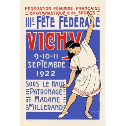Affiche IIIe Fête Fédérale Gym Féminine Française Vichy 1922 gymnaste tunique blanche bras levé B. Pouzadoux Imp. Wallon