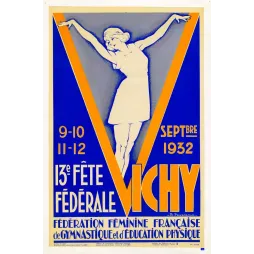 Affiche 13e Fête Fédérale Gym Féminine Française Vichy 1932 gymnaste silhouette Art Déco fond bleu V orange B. Pouzadoux Wallon