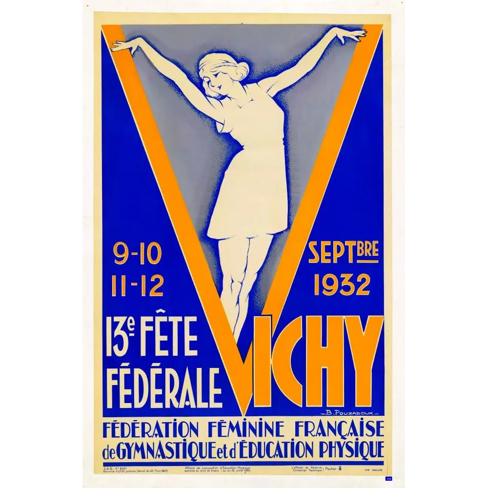 Affiche 13e Fête Fédérale Gym Féminine Française Vichy 1932 gymnaste silhouette Art Déco fond bleu V orange B. Pouzadoux Wallon