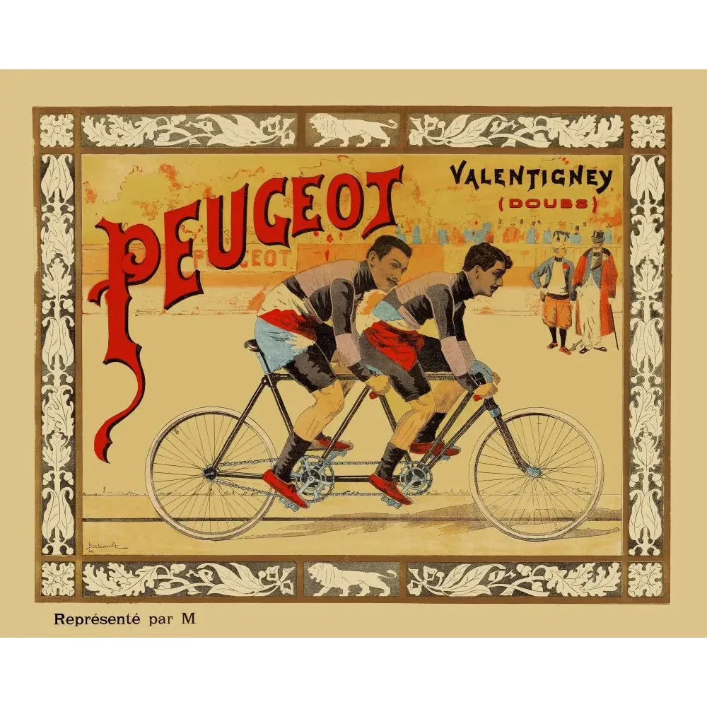 Pub Cycles Peugeot Valentigney Doubs tandem deux coureurs sprint vélodrome spectateurs bordure Art Nouveau signé Bectaoult Pub Cycles Peugeot Valentigney Doubs tandem deux coureurs sprint vélodrome spectateurs bordure Art Nouveau signé Bectaoult