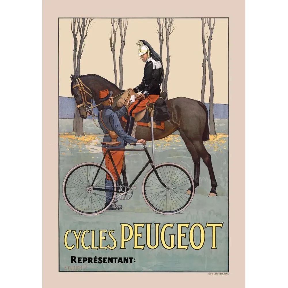 Publicité Cycles Peugeot militaire soldat fantassin vélo cavalier cheval officier gala automne Vuillemin Lemercier