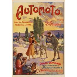 Publicité Automoto Bicyclettes Saint-Étienne famille femme élégante hommes tweed peupliers coucher soleil