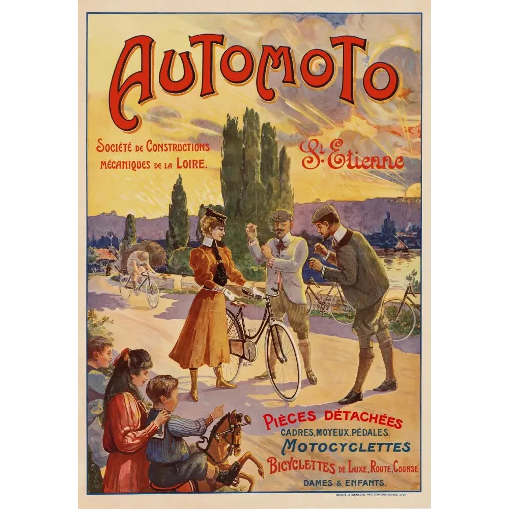 Publicité Automoto Bicyclettes Saint-Étienne famille femme élégante hommes tweed peupliers coucher soleil Publicité Automoto Bicyclettes Saint-Étienne famille femme élégante hommes tweed peupliers coucher soleil