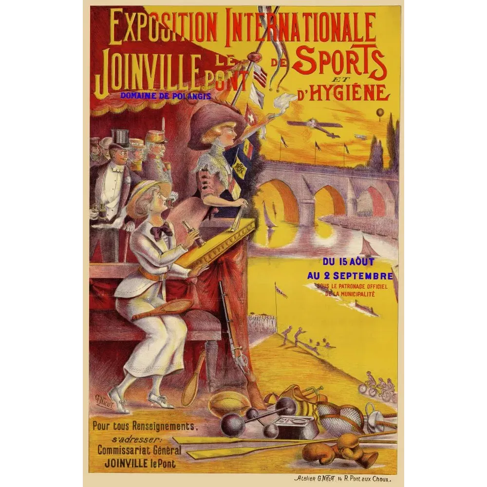 Publicité Exposition Internationale Sports Hygiène Joinville-le-Pont Marne tennis raquette rameurs cyclistes drapeaux G. Nivet