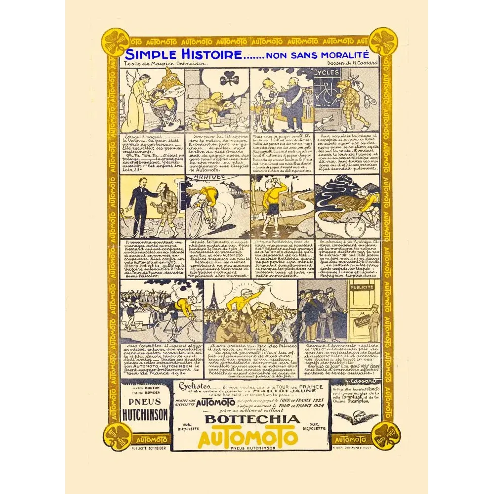Document publicitaire bande dessinée Automoto Bottechia Tour de France 1924 Hutchinson Cassard Pélissier cyclisme Document publicitaire bande dessinée Automoto Bottechia Tour de France 1924 Hutchinson Cassard Pélissier cyclisme