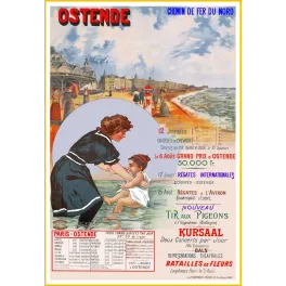 Publicité Ostende plage Chemin de Fer du Nord Grand Prix courses chevaux régates mère enfant bain mer Kursaal