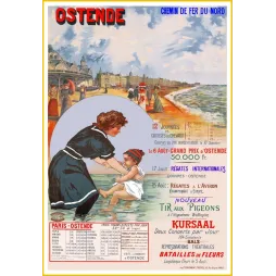 Publicité Ostende plage Chemin de Fer du Nord Grand Prix courses chevaux régates mère enfant bain mer Kursaal