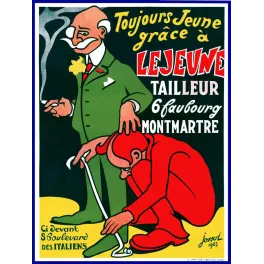 Publicité Lejeune Tailleur 6 Faubourg Montmartre Paris Jossot 1903 vieillard habit vert tailleur rouge agenouillé