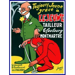 Publicité Lejeune Tailleur 6 Faubourg Montmartre Paris Jossot 1903 vieillard habit vert tailleur rouge agenouillé