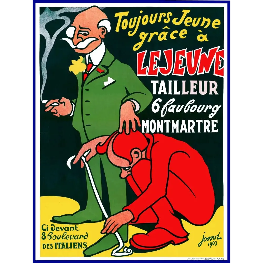 Publicité Lejeune Tailleur 6 Faubourg Montmartre Paris Jossot 1903 vieillard habit vert tailleur rouge agenouillé Publicité Lejeune Tailleur 6 Faubourg Montmartre Paris Jossot 1903 vieillard habit vert tailleur rouge agenouillé