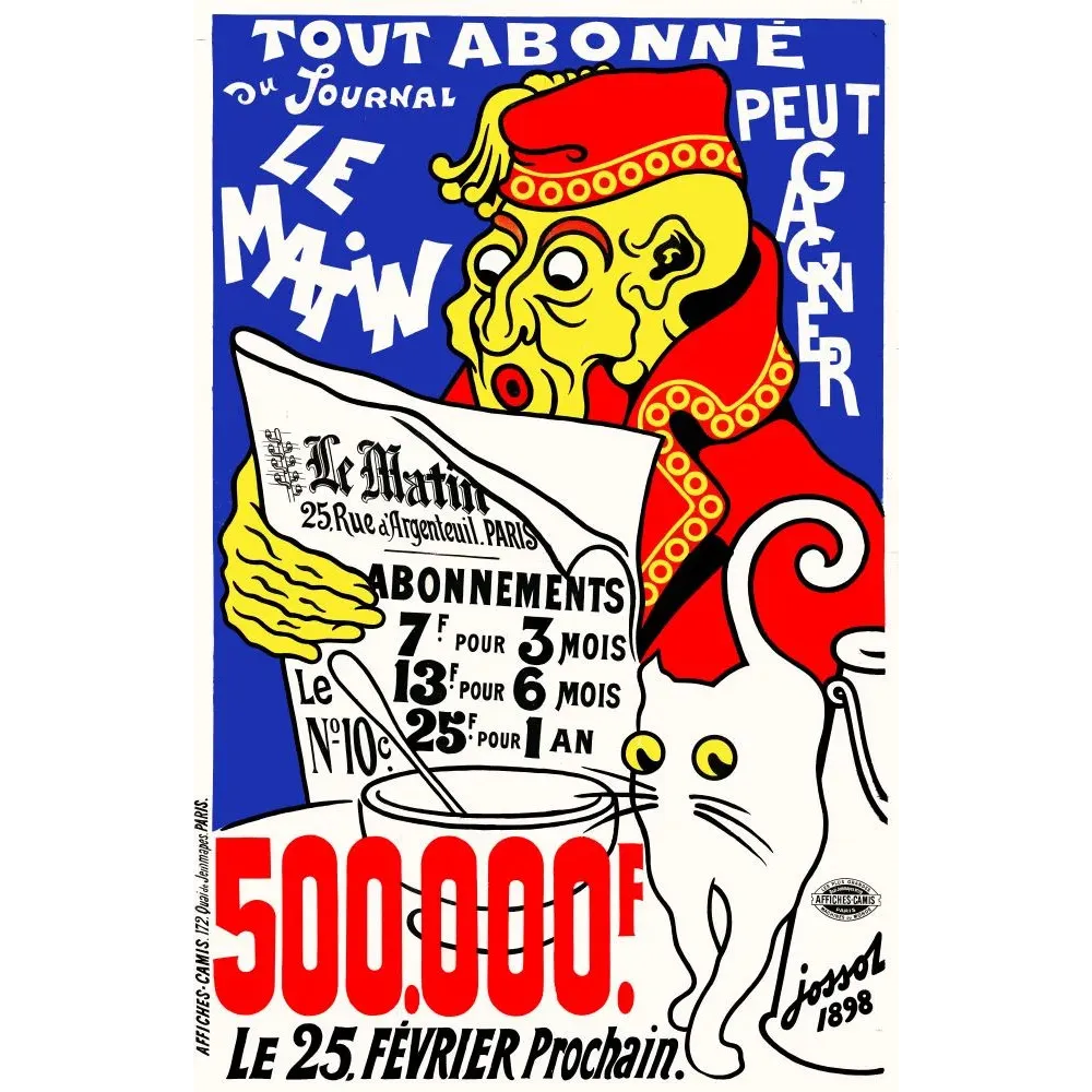 Publicité Le Matin journal loterie 500000 francs personnage oriental jaune chat blanc Jossot 1898 Camis Paris Publicité Le Matin journal loterie 500000 francs personnage oriental jaune chat blanc Jossot 1898 Camis Paris
