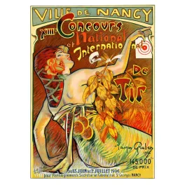 Publicité XIIIe Concours Tir Nancy 1906 Jacques Gruber allégorie féminine rousse lauriers cible Art Nouveau École Nancy