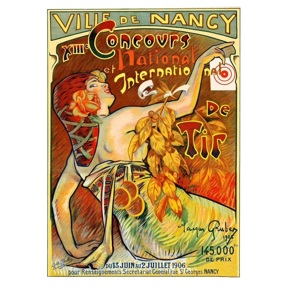 Publicité XIIIe Concours Tir Nancy 1906 Jacques Gruber allégorie féminine rousse lauriers cible Art Nouveau École Nancy