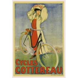 Affiche Cycles Cottereau femme élégante robe rouge chapeau fleuri bicyclette campagne