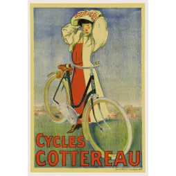 Affiche Cycles Cottereau femme élégante robe rouge chapeau fleuri bicyclette campagne