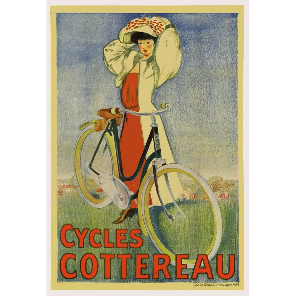 Affiche Cycles Cottereau femme élégante robe rouge chapeau fleuri bicyclette campagne Affiche Cycles Cottereau femme élégante robe rouge chapeau fleuri bicyclette campagne