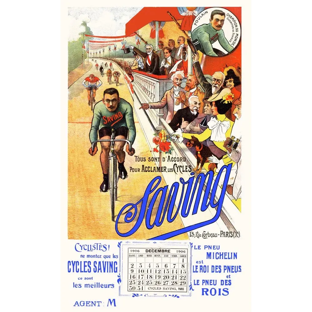 Affiche Cycles Saving Poulain champion du monde piste vélo tribune public calendrier décembre 1906