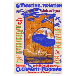 Affiche Meeting Aviation Clermont-Ferrand 1923 Maurice Busset avions biplans parachutiste Aulnat
